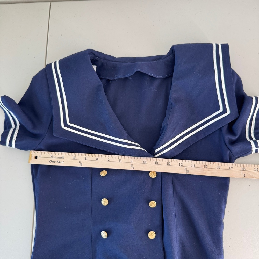 Vintage Handmade Navy Sailor Dress S Nautical Pleated Midi Gold Buttons Preppy - Picture 9 of 13